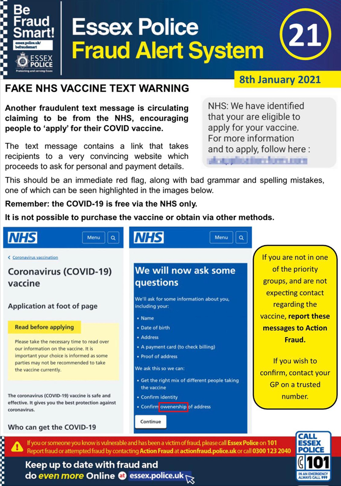 Essex Police - Fake NHS vaccine text warning