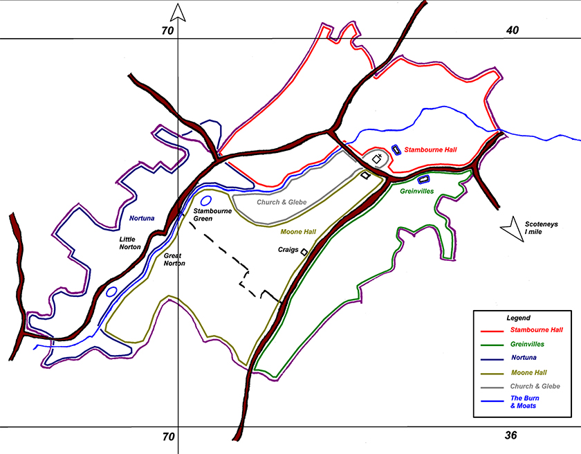 Freehand map of Four Estates owing land in Stambourne