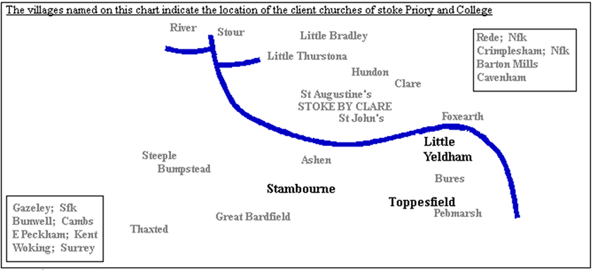 Location of client churches of Stoke Priory and College