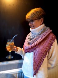 Fiona's crocheted shawl, modelled by Vicky - Knit & Natter Club - October 2022 - Green Man in Toppesfield