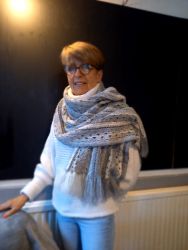 Fiona's crocheted shawl, modelled by Vicky - Knit & Natter Club - October 2022 - Green Man in Toppesfield