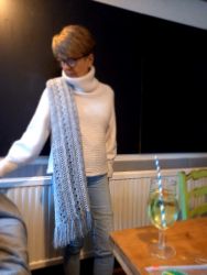 Fiona's shawl, modelled by Vicky - Knit & Natter Club - October 2022 - Green Man in Toppesfield