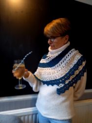 Fiona's shawl, modelled by Vicky - Knit & Natter Club - October 2022 - Green Man in Toppesfield