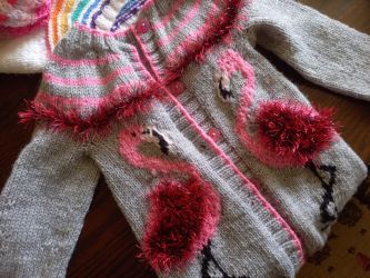 Flamingos yoke cardigan knitted by Carolyn
