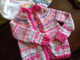Fair isle yoke cardigan knitted by Carolyn