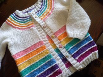 Rainbow yoke cardigan knitted by Carolyn